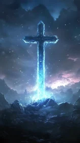 Glowing crystal cross rises from shattered icy landscape