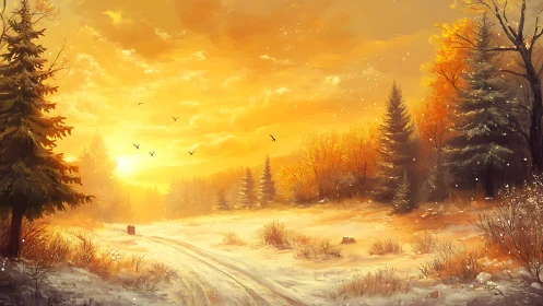 Sunlit winter forest path extends under orange evening sky