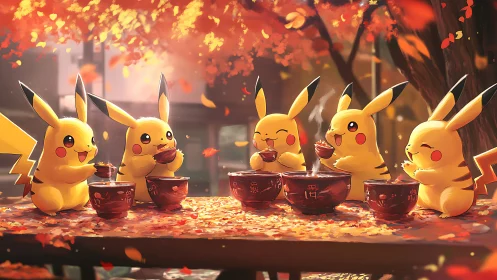 Cozy Pikachu tea party under glowing autumn leaves.