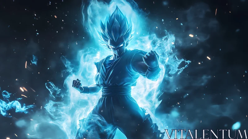 Blue energy warrior stands engulfed in blazing power aura