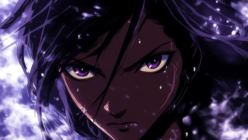 Intense anime warrior portrait under violet storm light