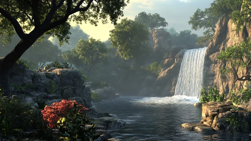 Tranquil forest waterfall inviting a quiet moment of calm.