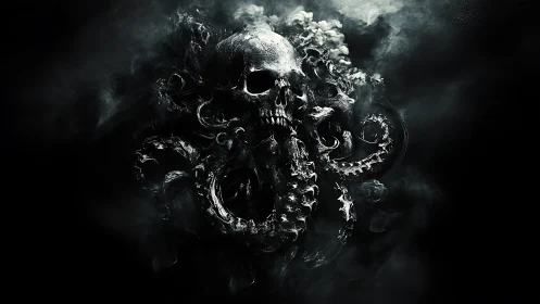 Dark skull and tentacle fusion in drifting shadowed smoke.