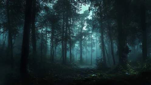 Misty Forest Path Through Ancient Woodland