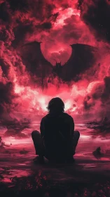 Lone figure confronts colossal dragon in crimson storm sky.