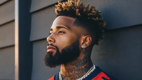 Side-lit urban portrait of tattooed man with styled hair.