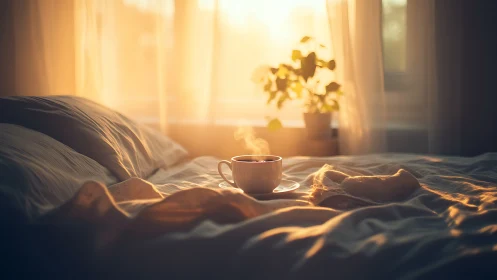 Morning sunlight pours over bed linens and a steaming cup