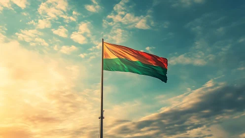 Horizontally striped flag on pole against clouded sky