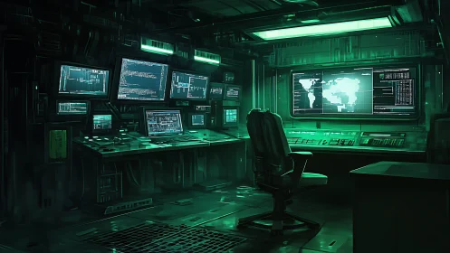 Cyberpunk command center with multi-screen tactical console layout.