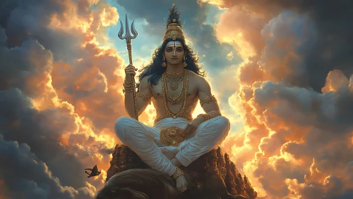 Divine figure seated on rocky peak amid glowing storm clouds