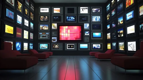 Media wall displays multiple screens in dark lounge room