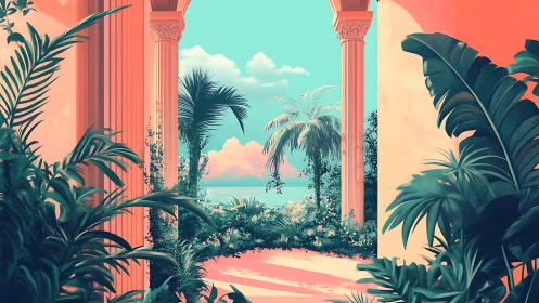Tropical courtyard vista framed by coral neoclassical columns.