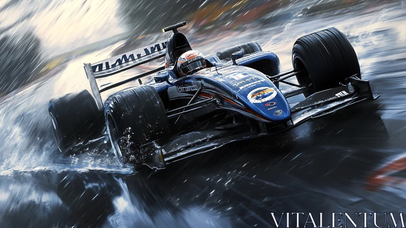 Dynamic digital painting of Formula race car in wet motion.