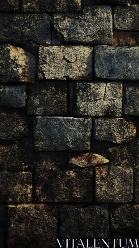 Weathered stone brick wall with dark rough texture.