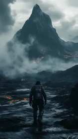 Lone explorer approaches dark volcanic mountain peak.