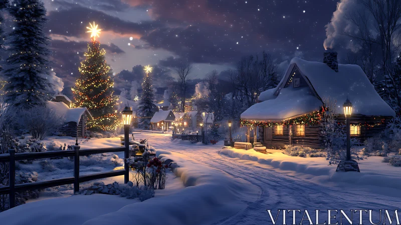 Cozy winter village glowing under a starry holiday sky.
