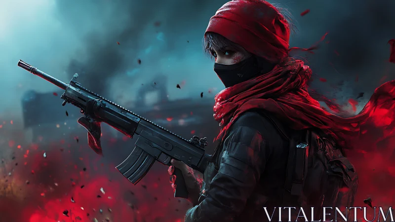 Scarlet-hooded rebel poised amid drifting battlefield embers.