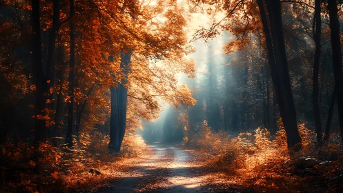 Golden Autumn Forest Path with Radiant Sunlight Rays.