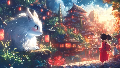 Child confronts luminous fox spirit above lantern-lit fantasy town