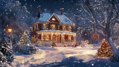 Photorealistic snow-laden Christmas house with festive lighting.