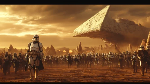 Armored infantry advance under looming star destroyer at dusk