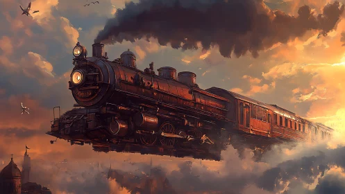 Cinematic digital painting of a flying steam train at sunset.