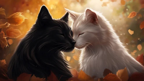 Black and White Cats Touch Noses in Golden Autumn Light.