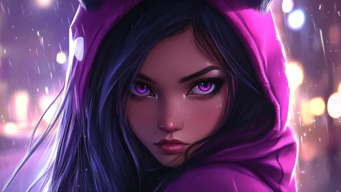 Violet-eyed girl confronts neon night with intense resolve