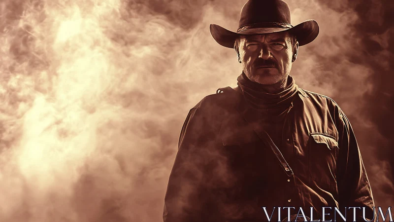 Gritty cowboy portrait in dramatic sepia smoke atmosphere.