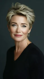 Portrait shows middle‑aged woman with short highlighted hair