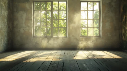 Sunlit empty room opening gently onto green, quiet trees.