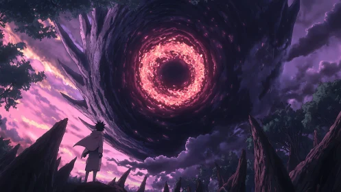 Stargazer beneath the swirling twilight vortex sky.