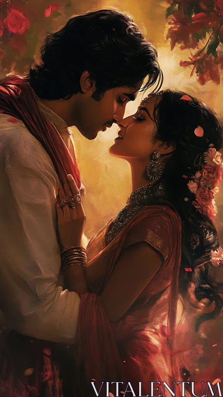 Romantic Embrace: Golden-Lit Couple in Traditional Garments.