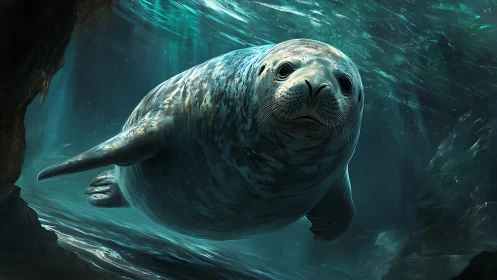 Seal swimming underwater in dim rocky marine environment.