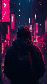 Cyberpunk rain-soaked wanderer in neon corridor composition.