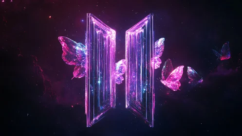 Glowing crystal doorway floats in space with luminous butterflies