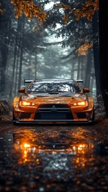 Orange sports car glowing through a misty autumn forest.