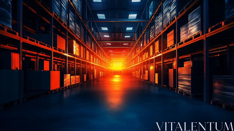 Industrial warehouse aisle with strong sunset lighting.