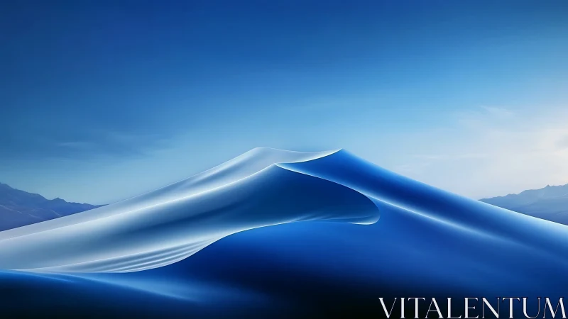 Curved sapphire sand dune under luminous sky horizon.