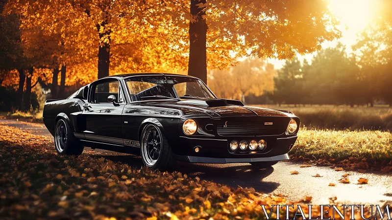 Black classic fastback car is parked on an autumn road