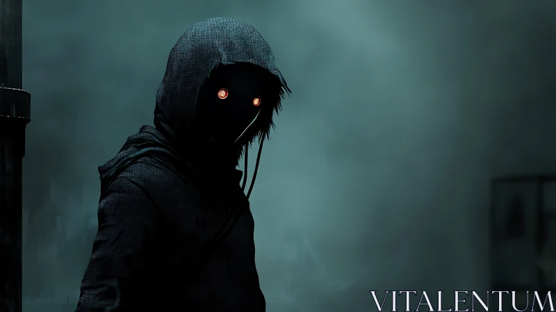 Hooded digital specter with luminous eyes dominates frame