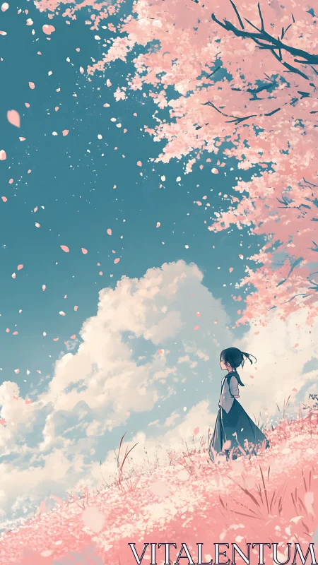 Springtime solitude beneath drifting cherry blossoms.