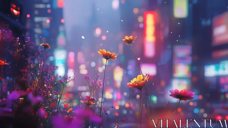 Wildflowers glowing against neon city lights at night.