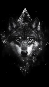 Monochrome wolf portrait within abstract triangular frame.