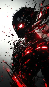 Shattered black cybernetic entity with emissive red energy shards