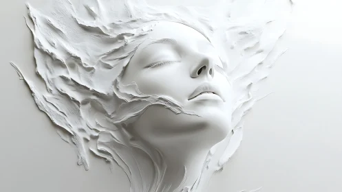 Monochrome sculpted face with flowing textured contours.