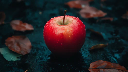 Red apple with water droplets on dark wet surface