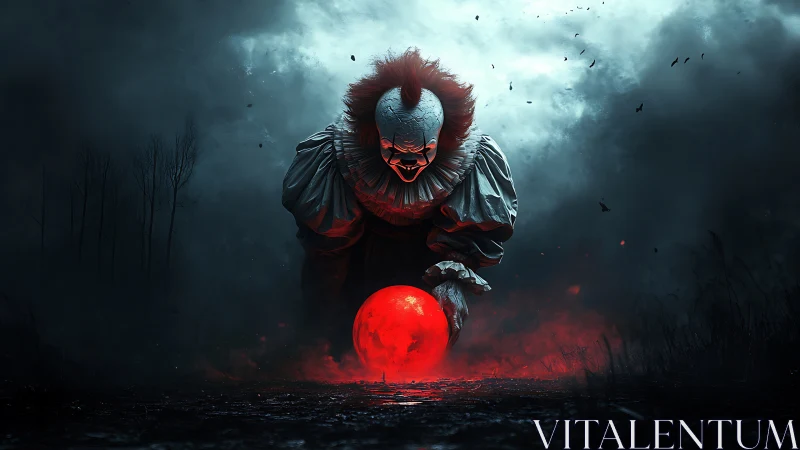 Eerie clown guards a glowing red orb in swirling night mist