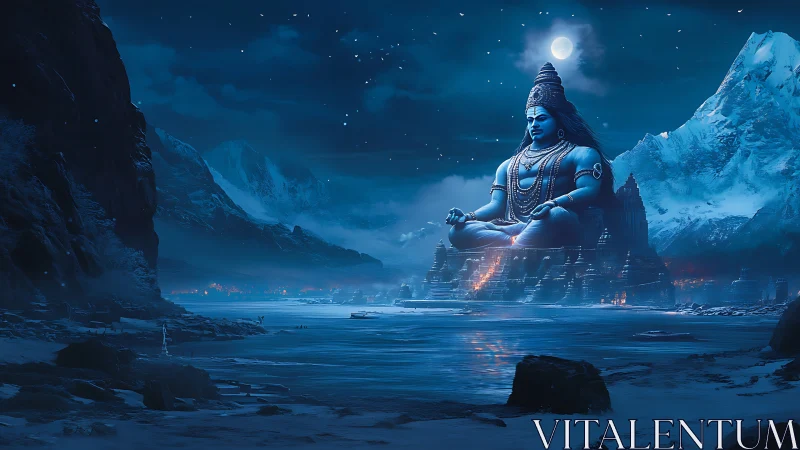 Large blue deity statue overlooks frozen valley at night