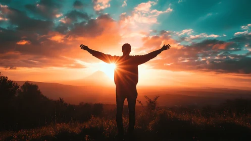 Backlit human silhouette intercepting solar flare horizon glow.